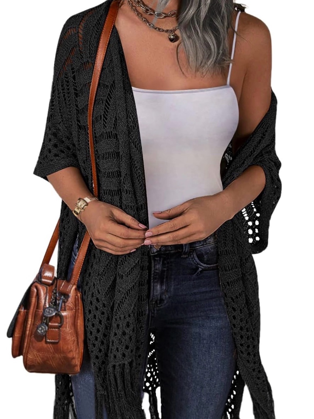 Open-Knit Fringe Cardigan Shrug in Black